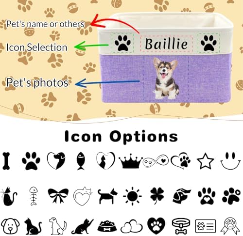 Custom Dog Toy Basket with Name Photo, Personalized Toys Clothing Storage Bins for Dogs Cats Pet,Collapsible Doggy Box Customized for Toy Food Purple