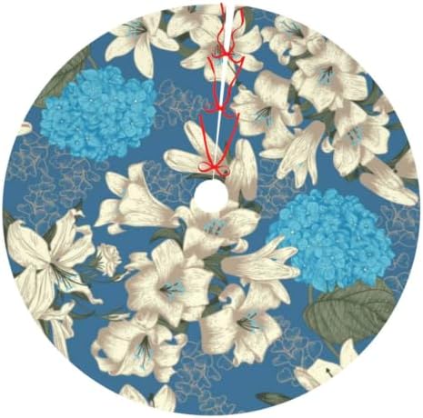 Christmas Tree Skirt, Soft Polyester Xmas Tree Skirts with Ribbon Ties, Rustic Farmhouse Holiday Party Decorations Illustration of Hydrangea and Lilies 48"