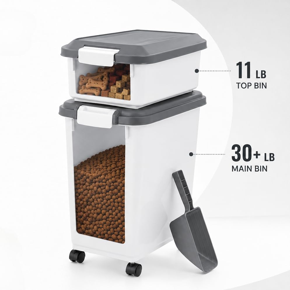 Airtight Pet Food Storage Container with Wheels and Scoop, Moisture-Proof Dog Cat Food Bin, Easy-Moving Kitchen Pantry Organizer (30 Lbs. + 11 Lbs.)