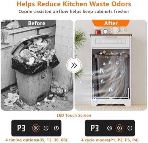 Single 10 Gallon Tilt Out Trash Can Cabinet with Deodorizing Function, Wooden Hidden Garbage Can Holder with Storage Drawers for Kitchen and Dining Room, Laundry Hamper Cabinet for Bathroom, White