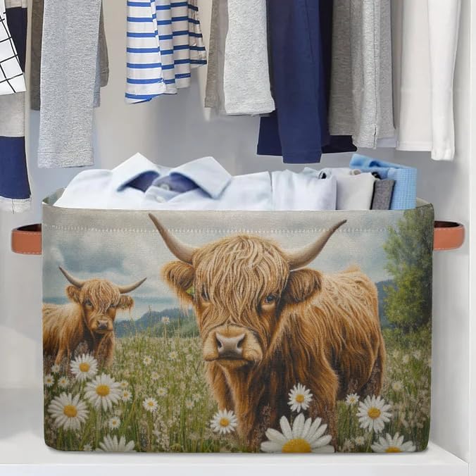 Daisy Flowers Highland Cows Storage Boxes Theme Storage Nursery Baskets with Handle Closet Collapsible Organizer Shelf Bins for Book Cloth 15 X 11 X 9.5 IN