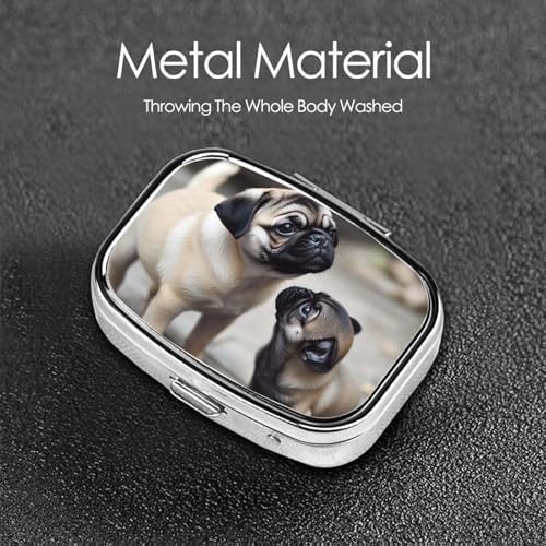 Pill Box 2 Compartment Medicine Pill Case for Pocket or Purse Mini Metal Pill Holder Cute Pet Pug Pill Case Vitamin Organizer Portable Travel Pill Container to Hold Supplements Vitamins