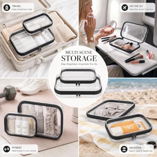 2-Pack Clear Hardshell Zipper Case, 1.2mm Thicken Crush-Proof Travel Toiletries Bag, TSA Approved Portable Zipper Pouches, Rigid Toiletry & Diaper Bag Organizer for Tech, Toys & Art Supplies(Black)
