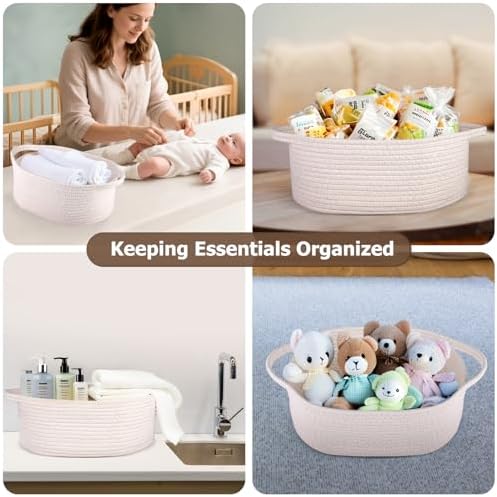 Small Woven Basket, 12" x 8" x 5", Gift Basket Empty with Ribbon and Gift Bag, Rope Basket for Baby Shower, Holiday Presents, Storage Basket with Handles for Nursery, Pet Toy Basket,White