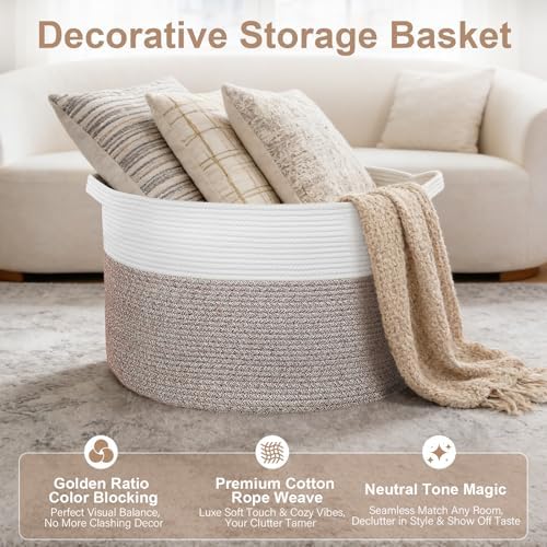 90L Large Blanket Basket Storage with Handles - White & Brown