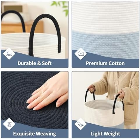 Laundry Basket Hamper Tall Rope Storage Woven for Blanket toys Dirty Clothes in Living Room Bathroom Bedroom (Gradient Blue, 60L/15.8Gal)