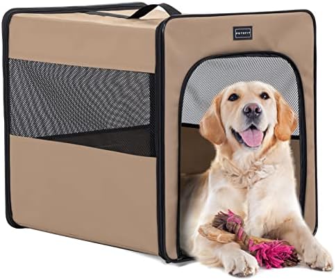 PETSFIT Dog Crate Travel, Portable Dog Crate - 31 Inch with Thicken Mat, Easy to Fold, Sturdy and Portable, Perfect for Traveling, Collapsible Dog Kennel Khaki