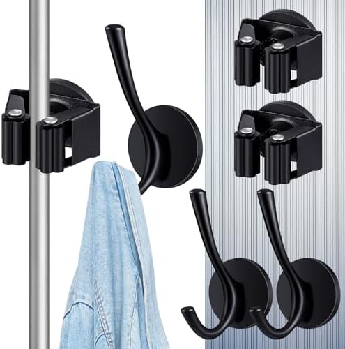 Vercraft 4 Pcs Magnetic Double Hooks Magnetic Coat Hooks Magnetic Mop Broom Holder Movable Magnetic Broom Holder Rack for Garage Kitchen Laundry Garden