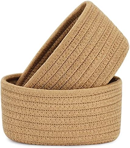 【2 Pack】ABenkle Small Woven Baskets, Tiny Oval Shallow Storage Baskets, Mini Cotton Rope Empty Decorative Basket, Boho Little Organizer Bins for Bathroom, Cat Dog Toy Gifts Baskets