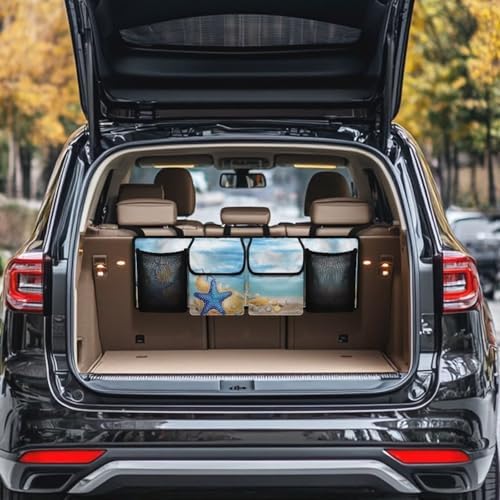 Dreaweet Blue Beach Trunk Organizer for Car Women Back Seat Hanging Organizer with 4 Pockets Portable Collapsible Trunk Organizer for SUV Sedan Van Car Storage Accessories Interior