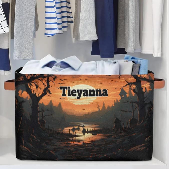 Personalized Kids Toy Box with Name, Happy Halloween Custom Nursery Baskets Cubes Bins, Kids Custom Storage Basket Laundry Baskets Organizer with Handles