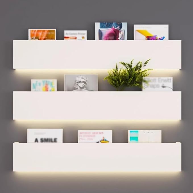 Magazine Holder Wall Mounted, Set of 3, Metal Floating Book Shelves with Built-in Illuminated LED Light, Decorative Display Shelf, for Living Room, Bedroom, Bathroom ( Color : White , Size : 150x5x20c