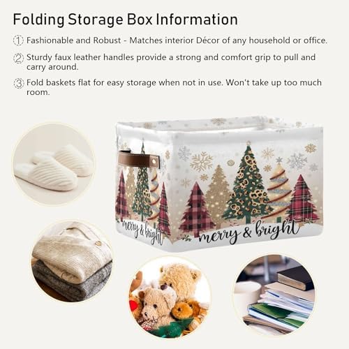 Christmas Tree Golden Leopard Storage Basket with Waterproof Liner and PU Handles Winter Cheetah Snowflake Storage Boxes 14.2" Collapsible Decorative Organizer Baskets for Bedroom Closet Office 2 Pack