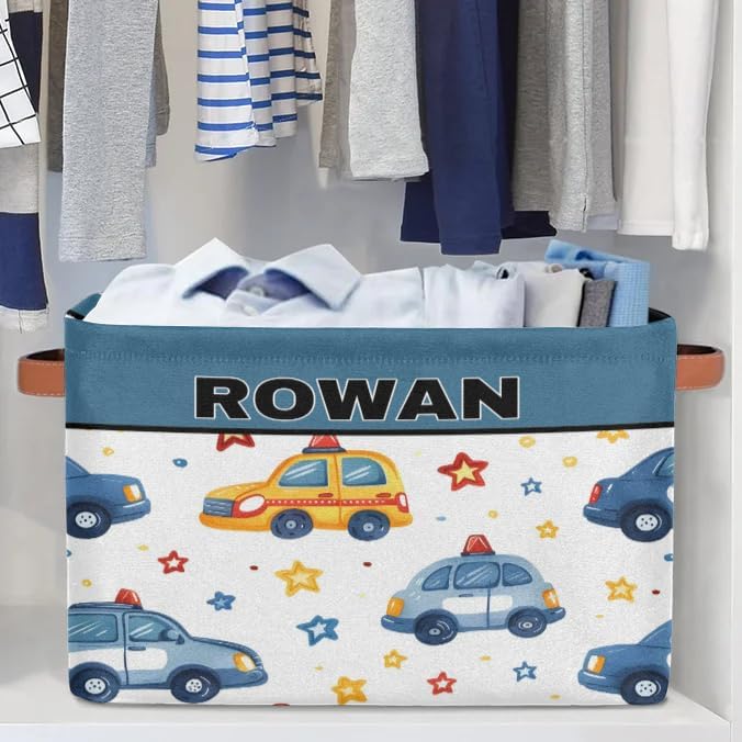 Personalized Kids Toy Box with Name, Custom Nursery Baskets Cubes Bins, Kids Custom Storage Basket Laundry Baskets Organizer with Handles, Cartoon Police Car with Stars