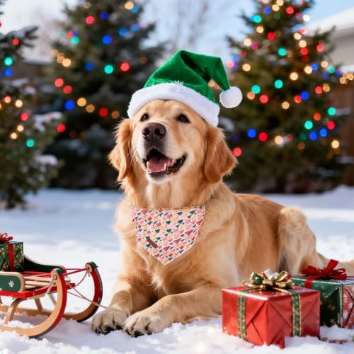 Christmas Dog Bandana–Pink Christmas Tree Triangle Scarf for Small Medium Large Dogs, Soft Cotton Pet Bib for Winter & New Year, Adjustable Dog Kerchief