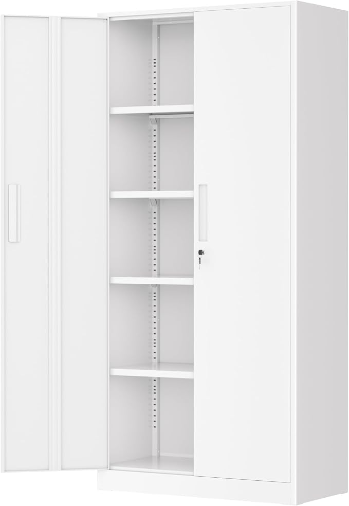 Greenvelly Metal Storage Cabinet, 72" Locking Metal Garage Storage Cabinet with Doors and 4 Adjustable Shelves, White Lockable Steel Cabinet for Home Office, Garage, Shop, School (32" W x 16" D)