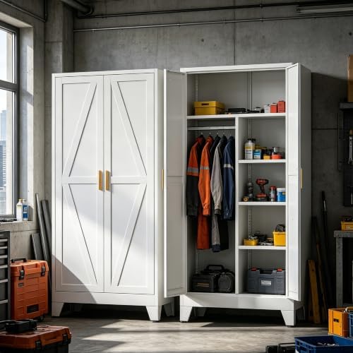 71" H Metal Garage Storage Cabinets,Broom Closet Storage Cabinet,Utility Cabinet,White Storage Cabinets