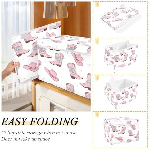 Pink Cowgirl Boots and Hats Storage Bins with Lids Foldable Storage Basket with Handles Collapsible Large Fabric Organizer Containers for Clothes Shelves Closet Office Home