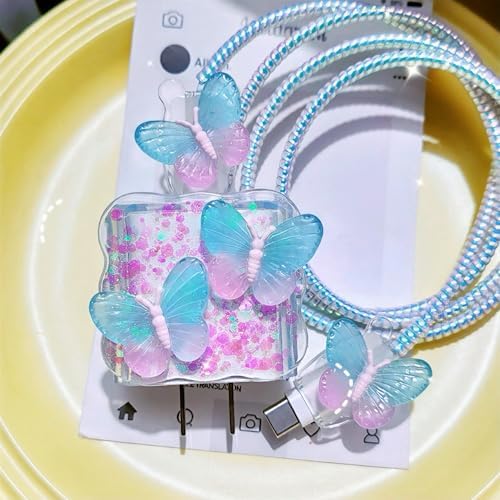 Compatible with iPhone 18W/20W Charger Cover Cute Color Butterfly Design DIY Soft Charger Cord Protector Bling 3D Butterflies Cable Saver for iPhone 13 14 15 16 Pro Max Charger Adapter