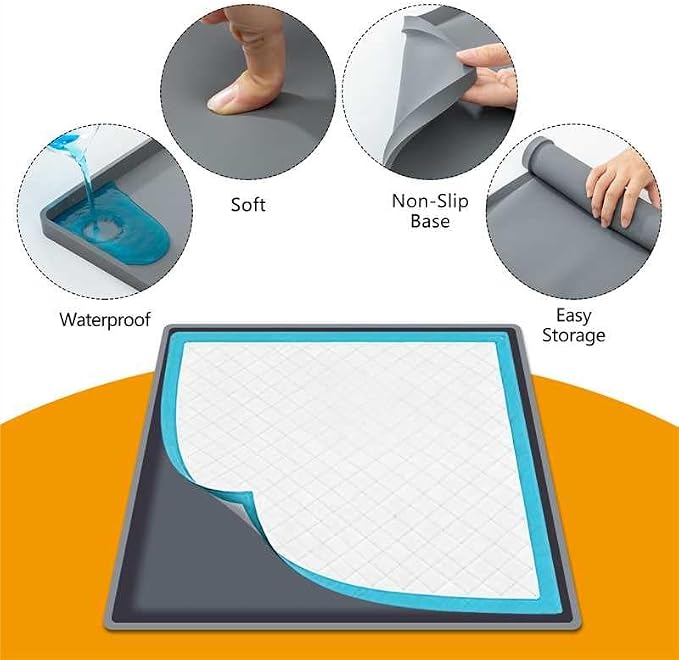 Silicone Dog Pee Pad Holder for 24 x 24 in Pads, Leak-Proof Tray | Raised edges, waterproof silicone, rolls for storage, fits disposable or reusable pads