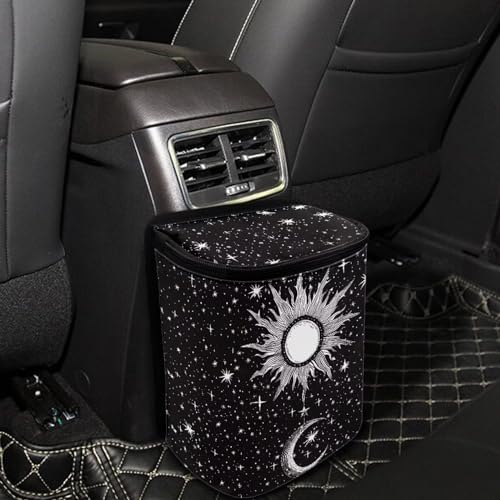 DISNIMO Sun and Moon Hanging Car Trash Can Black Car Garbage Storage Bag with Lid Auto Rubbish Bin Leak-Proof Cars Trash Can Portable Organizer for Men Women Keeps Automobile Trucks SUV Clean