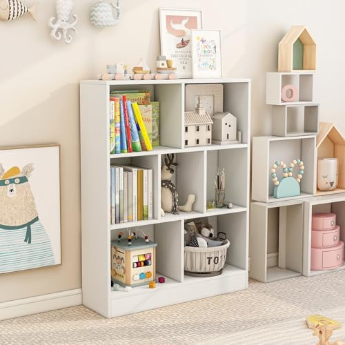 Giantex 7 Cube Bookcase, 4-Tier Freestanding Bookshelf w/ 7 Open Compartments, 2 Anti-Tipping Kits, Modern Display Cabinet, 41" Wood Cubby Storage Organizer for Living Room, Bedroom, White