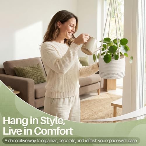Flexzion Woven Hanging Planter Basket for Indoor Plants, 8 Inch, White | Plant Holder Fits Pots Up to 7 Inches; 20-Inch Hanging Rope Adds Boho Style While Saving Floor and Shelf Space