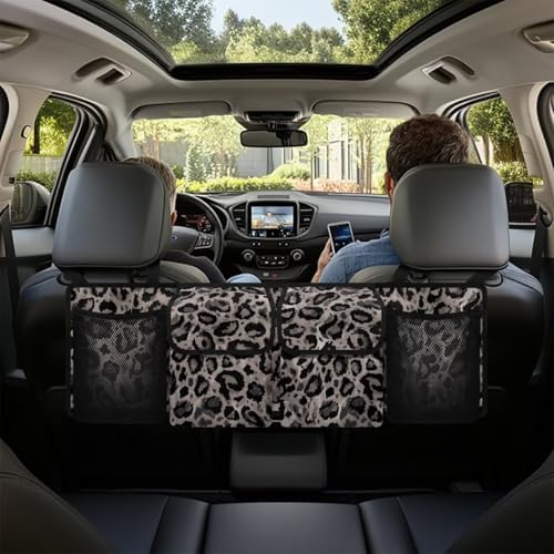 Dreaweet Grey Leopard Print Trunk Organizer for Car Back Seat Trunk Organizer Hanging Car Organizer Trunk Foldable Cargo Storage with 4 Pockets 3 Adjustable Straps