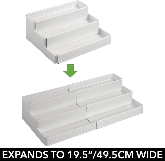 mDesign Plastic Expandable 3-Tier Shelf Rack Organizer - Storage for Bathroom Vanity, Cabinet, Cupboard, Drawer - Holds Medicine, Vitamins, Supplements, Cosmetics - Ligne Collection - Light Gray