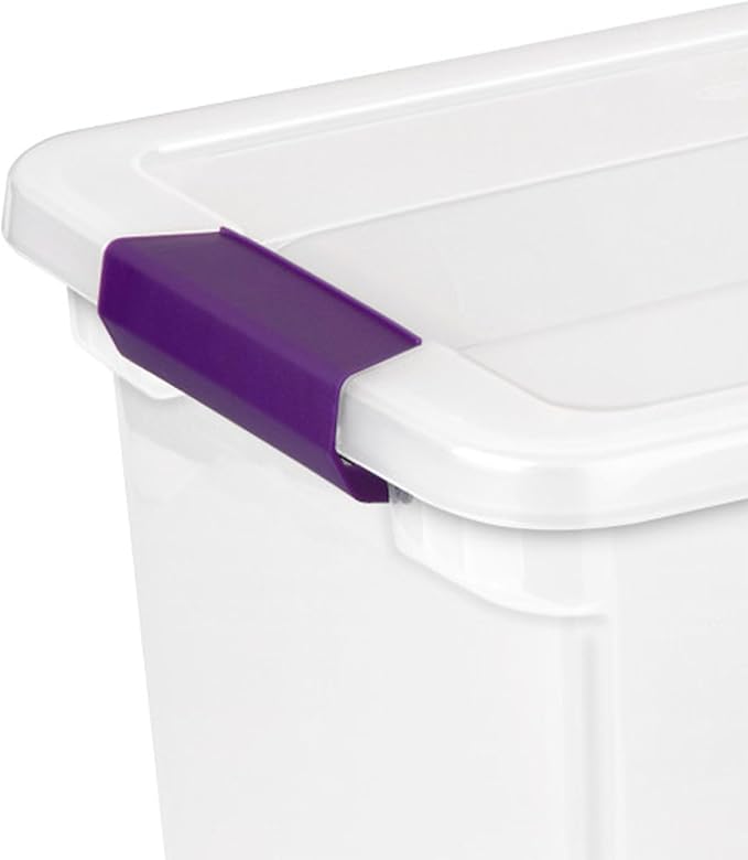 Sterilite ClearView Latch Boxes, Storage Bins with Lids, 27 Quart, 12-Pack | Clear Plastic Organizers with Color Accent Latches for Closet, Bedroom, Shelving Units, Dorm Room and Home Organization