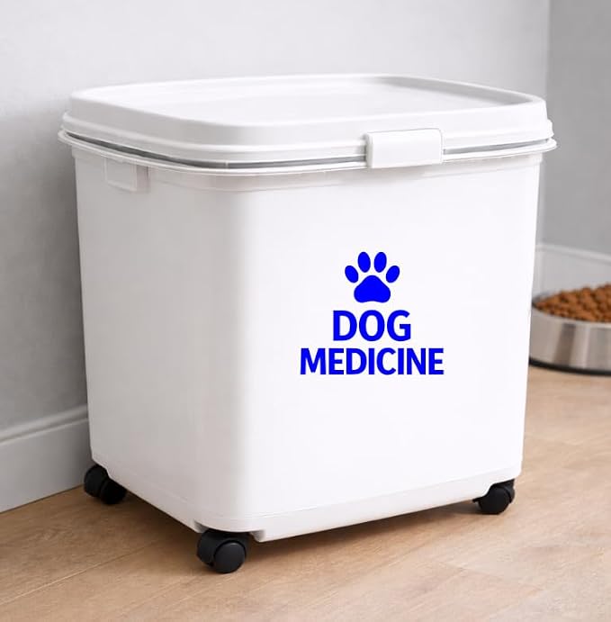 Dog Medicine Vinyl Decal – Waterproof Storage Label Sticker for Pet Supply Bin Organizer (Blue)