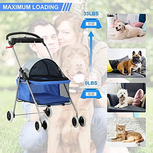 Meet Perfect Pet Stroller for Small/Medium Dogs & Cats, Blue, Foldable | Waterproof fabric helps protect pets during outdoor travel; Mesh panels provide ventilation and visibility.