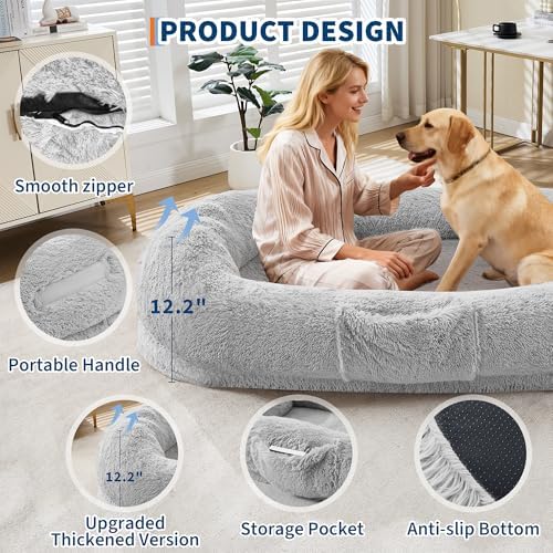 Human Dog Bed for Adults and Pets, Giant Orthopedic Memory Foam Napping Bed with Washable Fluffy Faux Fur, Oversized Bean Bag Dog Bed with Side Pocket & Carry Strap for Living Room & Bedroom