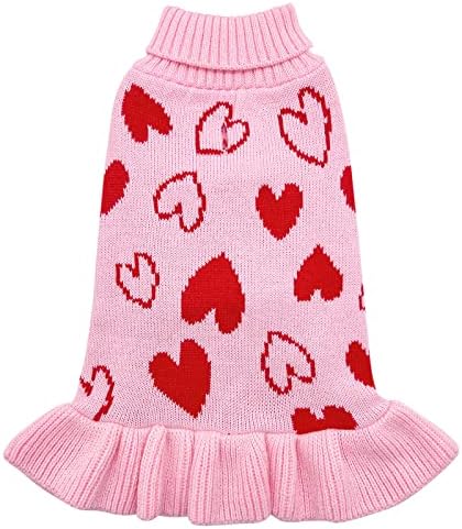 cyeollo Valentines Dog Sweater Dress, Turtleneck Pullover Heart Outfit