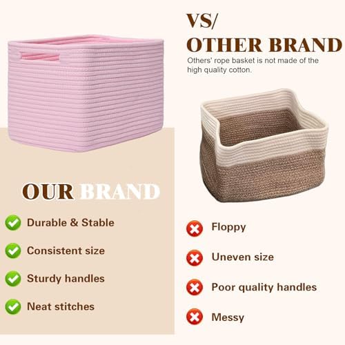 Storage Baskets for Organizing, 4 Pack Baskets for Shelves, Decorative Storage Bins for Shelves, Cotton Rope Storage Basket with Handles, Woven Basket for Storage, 13''Lx8.7''Wx7.9''H, Pink
