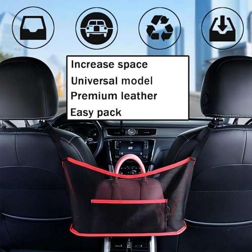 Car Net Pocket Handbag Holder, Organizer Mesh Bag Between Front Seats, Driver Storage Netting Pouch for Handbag Purse, Universal Car Accessories for Women and Men, Pet/Kids Car Barrier (Red)