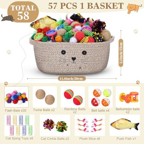 Zopeal 58 Pcs Summer Cat Storage Basket Gift Toys Set, Colorful Flashing Balls Pet Bell Crinkle Balls Spring Toys Attract Cat to Swat, Hunt, Interactive for Pet(Dark Brown,12 Inch)