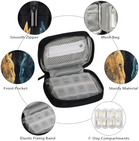 Pill Organizer Box Black cat Animal 7-Day Weekly Medicine Pill Case Travel Pill Container Portable Pill Holder Storage Purse Bag Small Compact Size for Vitamin Supplement Birth Control