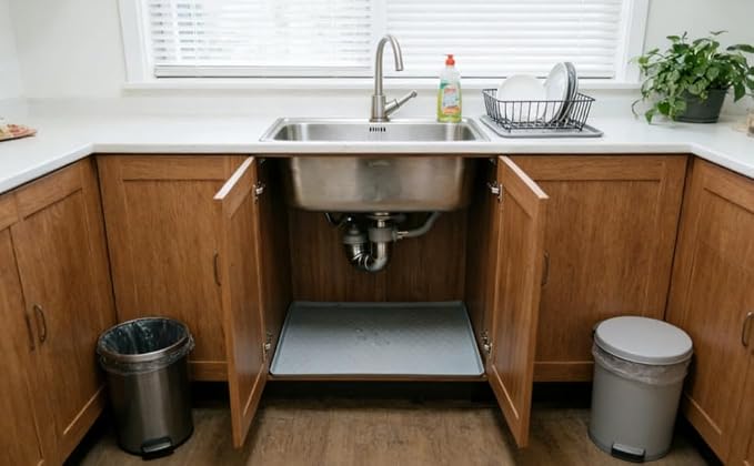 Under Sink Mat, Silicone Waterproof Cabinet Liner 22 x 19 x 1 Inch, Large Spill Protection Drip Tray with 1 Inch Raised Edge, Easy to Clean Gray Shelf Liner for Kitchen, Bathroom, Utility Room