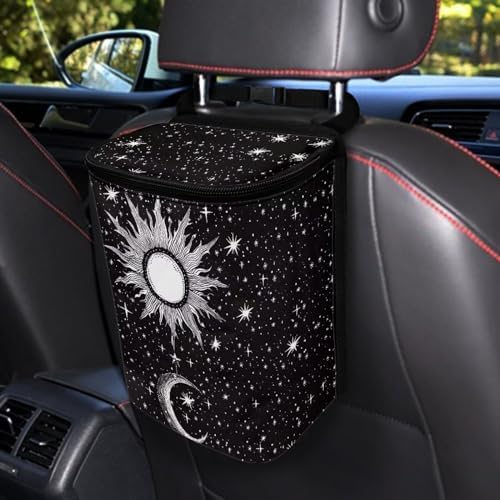 DISNIMO Sun and Moon Hanging Car Trash Can Black Car Garbage Storage Bag with Lid Auto Rubbish Bin Leak-Proof Cars Trash Can Portable Organizer for Men Women Keeps Automobile Trucks SUV Clean