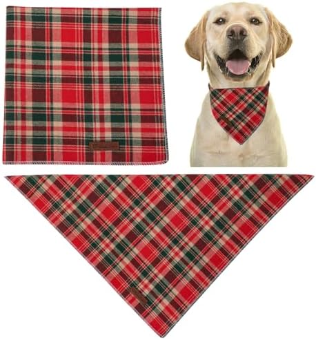 Christmas Plaid Dog Bandana–Red and Green Checked Triangle Scarf for Small Medium Large Dogs, Soft Cotton Pet Bib for Winter & New Year, Adjustable Dog Kerchief