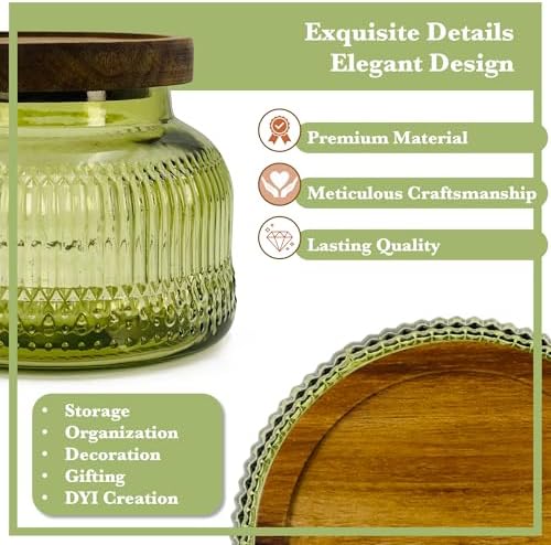 Decorative Green Ribbed Glass Jar with Airtight Wooden Lid, 25.4 fl. oz | Wide mouth vintage storage canister, kitchen pantry bathroom organization, coffee sugar tea cookie candy candle vase gift