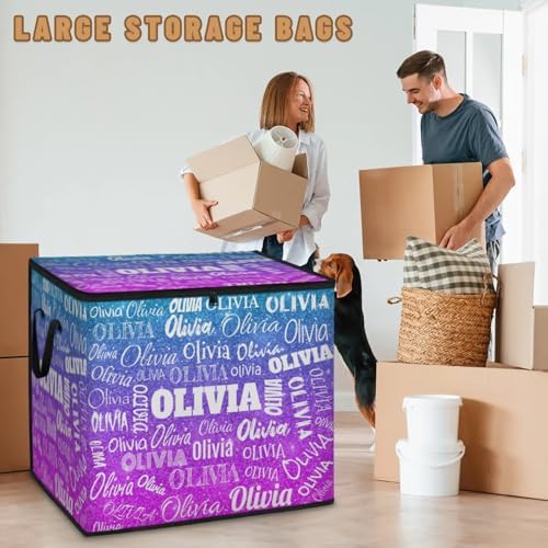 Custom Comforters Storage Basket with Lid, Personalized Name Large Organizer Bin for Pet/Children Toys, Books, Clothes, Perfect for Rooms/Playroom, Gradient Blue Violet Purple Glittering