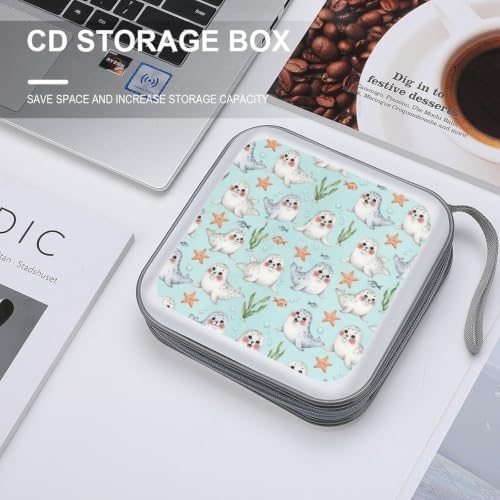 Protective CD Case 40 Capacity Blue Manatee Disc Holder Storage Binder | DVD Organizer Wallet, Blue Cute Manatee Animals, Sturdy Portable for Movie Music Game Disc
