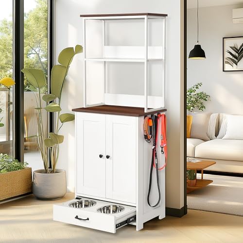 Pet Feeding Station Cabinet with Pull Out Bowls, Adjustable Shelves, Elevated Dog Cat Feeder, Storage Organizer, Side Hooks, Anti Tip Wall Anchor, Hidden Drawer, Leash Holder, Home Furniture