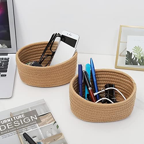 【2 Pack】ABenkle Small Woven Baskets, Tiny Oval Shallow Storage Baskets, Mini Cotton Rope Empty Decorative Basket, Boho Little Organizer Bins for Bathroom, Cat Dog Toy Gifts Baskets