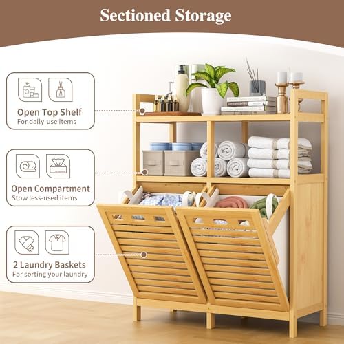 VASMIA Tilt Out Laundry Hamper Cabinet, Bamboo Double Laundry Hamper with 2 Removable Laundry Baskets, 20 Gal Laundry Sorter Organizer with Shelf for Dirty Clothes, Bathroom, Laundry Room, Natural