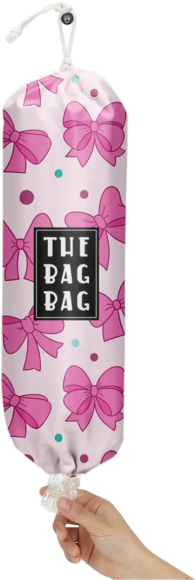 Plastic Bag Organizer,Reusable And Washable Girly Cute Style Grocery Bag organizer,for Home Kitchen Travelling Camping Decor, use 1 Pack,Pink Bow Pattern