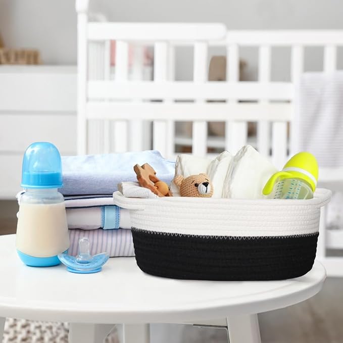 Woven Cotton Rope Gift Basket, Small Baskets for Gifts Empty, Cute Baby Nursery Basket, Pet Toy Storage Bin for Dog Cat, Decorative Wicker Home Organizer with Handles, 12"x 8"x 5", Black