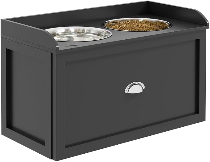 Elevated Dog Feeding Station with Storage Drawer and Stainless Steel Bowls for Large Dogs, Black Pet Food Organizer
